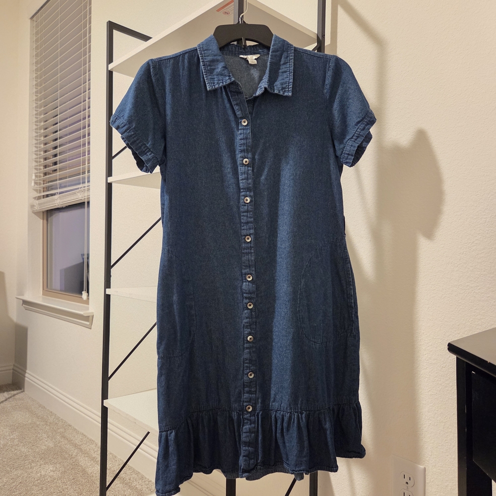 Cato Denim Button-Down Collared Short Sleeve Ruffle Hem 100% Cotton Dress Size S